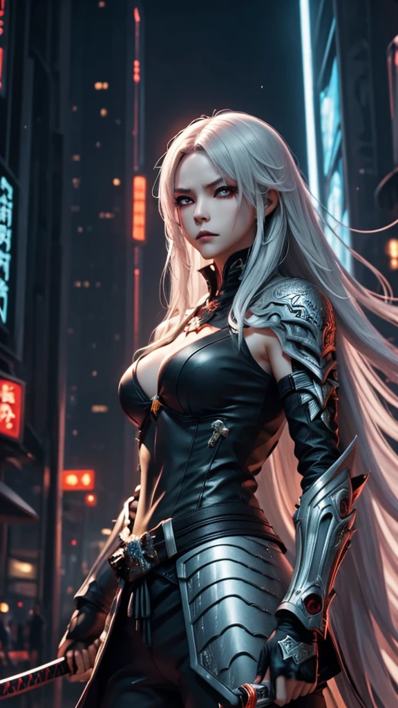 (best quality,high resolution),一位白发纹身女武士站在Neon闪烁的街道中央,Neon,illuminated signs,Reflections on wet road,abstract pattern,Graffiti,city View,High buildings,Melancholy atmosphere,Distant future skyline,Shadows and Highlights,Sharp details,Vibrant colors,anime style,Dark Colors and Contrast,City lights at night,Urban Fortitude,Determine the expression,Tough stance,(Raise the katana),Decorate armor and weapons,Sparkling tattoos,Flowing hair,Bright and bold composition,Stunning visual impact,Mysterious atmosphere,Ethereal Light