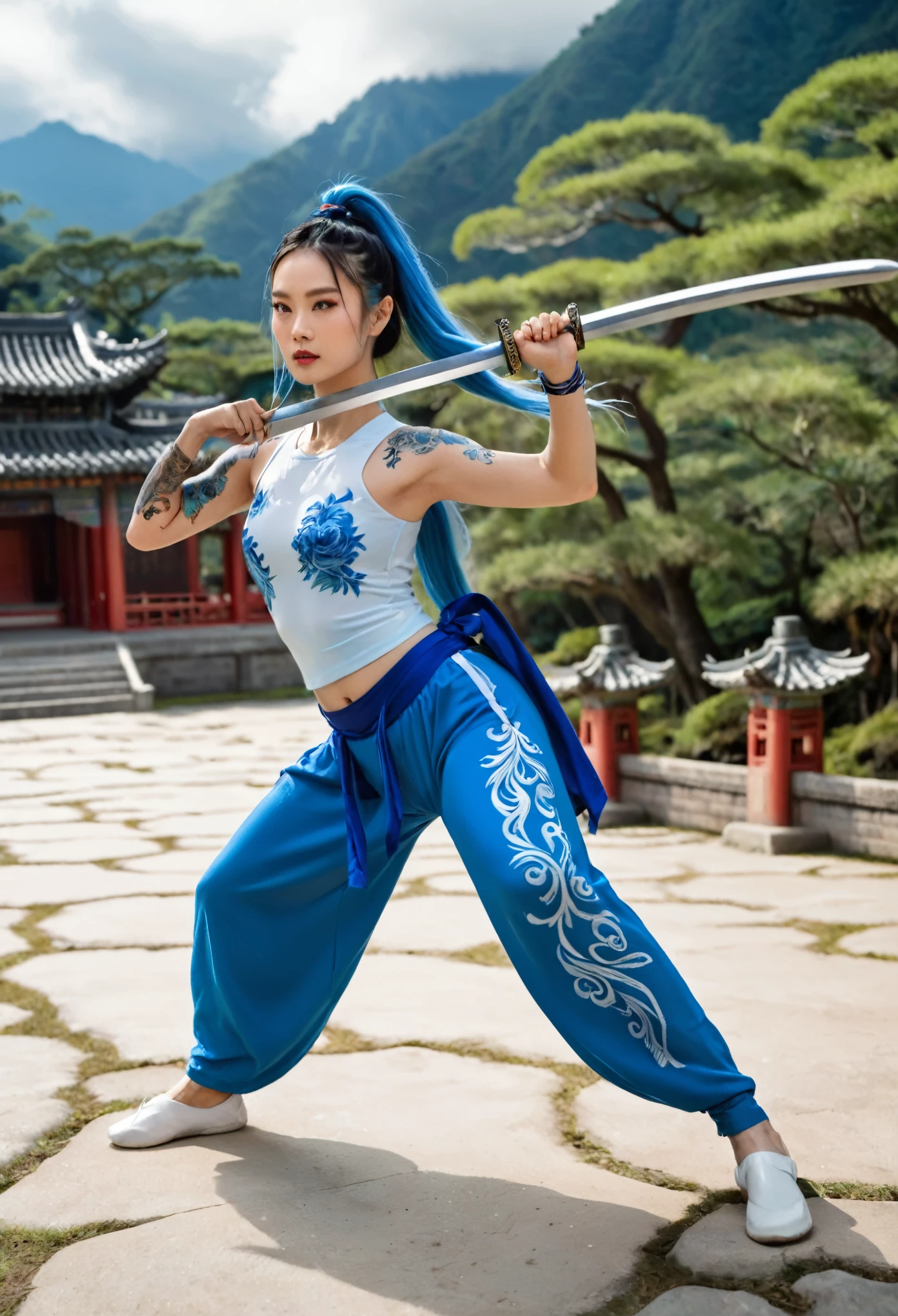 A still from a martial arts movie. The scene is a temple square in the mountains and forests. The scenery is pleasant and the climate is cool. A beautiful Taiwanese actress with blue and white porcelain tattoos all over her body and a fluorescent blue long ponytail is dancing with a huge ancient Chinese sword. , full body frontal photo, beautiful dancing posture