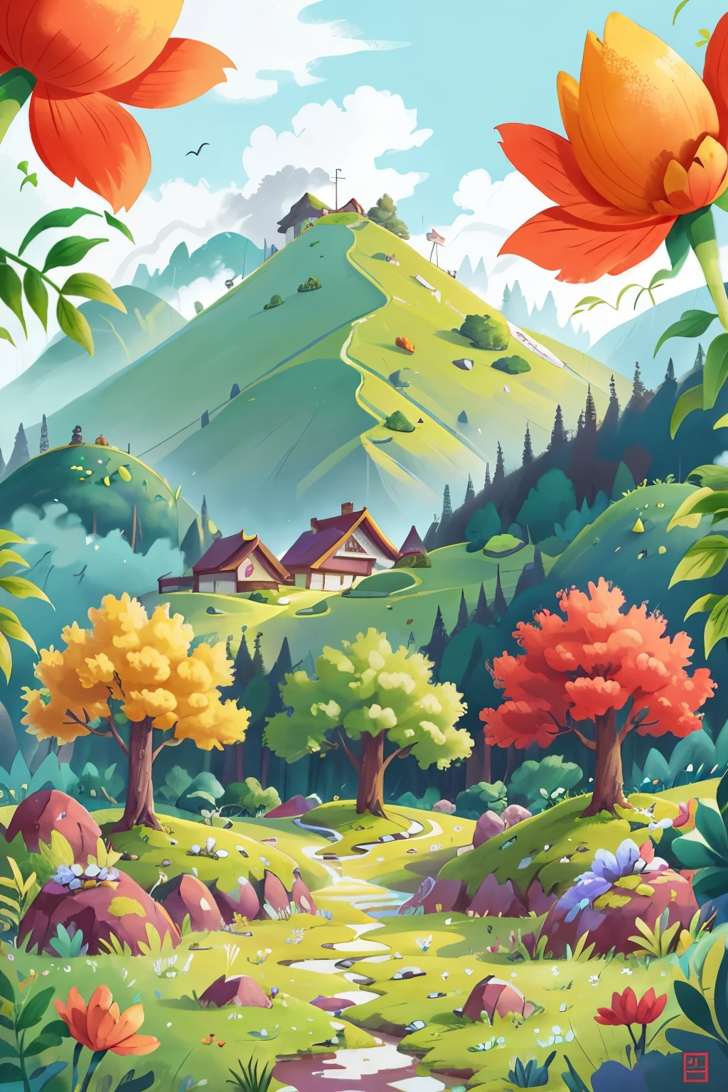 The trees in the Qinling Mountains begin to regain their vibrant green hue, as the flowers burst forth in a riot of colors. Spring has arrived, bringing new life to every corner of the landscape. The picture exudes a sense of simplicity and joy, with its clean lines, bold colors, and uncluttered composition. The warm palette evokes a sense of brightness and cheerfulness, making it an ideal choice for a younger audience. The background, rendered in pristine white, provides an elegant contrast to the bursting blooms and lush greenery.