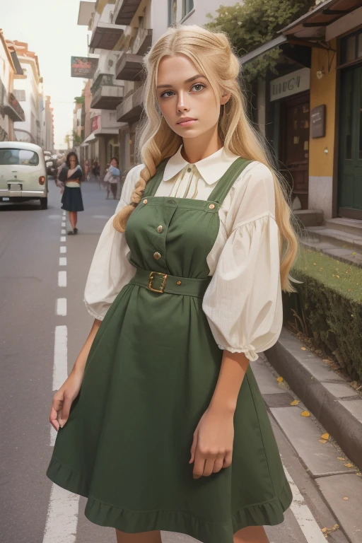 Highest image quality, 21 year old girl,  long hair, Light green eyes, wearing 90s fashion clothes , busy street, 90s street Scandinavian, mexican, swiss, blonde hair, 1950s dresses, 1950s hairstyle 