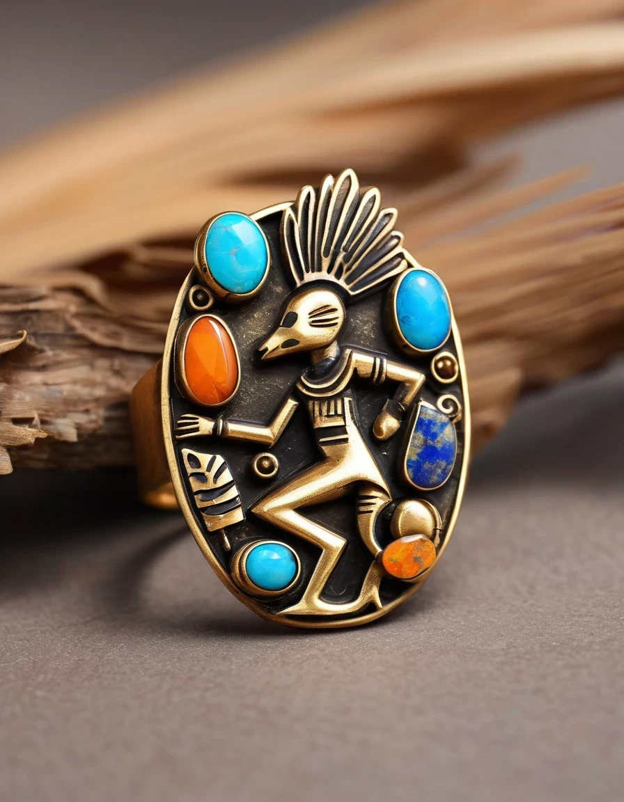 in style of Aztec Empire period , roboto character，A minimalist ring design of Kokopelli, the rain god playing the flute, holding an oval double opal stone，Indian elements，geometry，The matching stones are small amounts of lapis lazuli and turquoise，Coffee color，Orange，Clams，feather，gem，Retro，Old，Soft Light