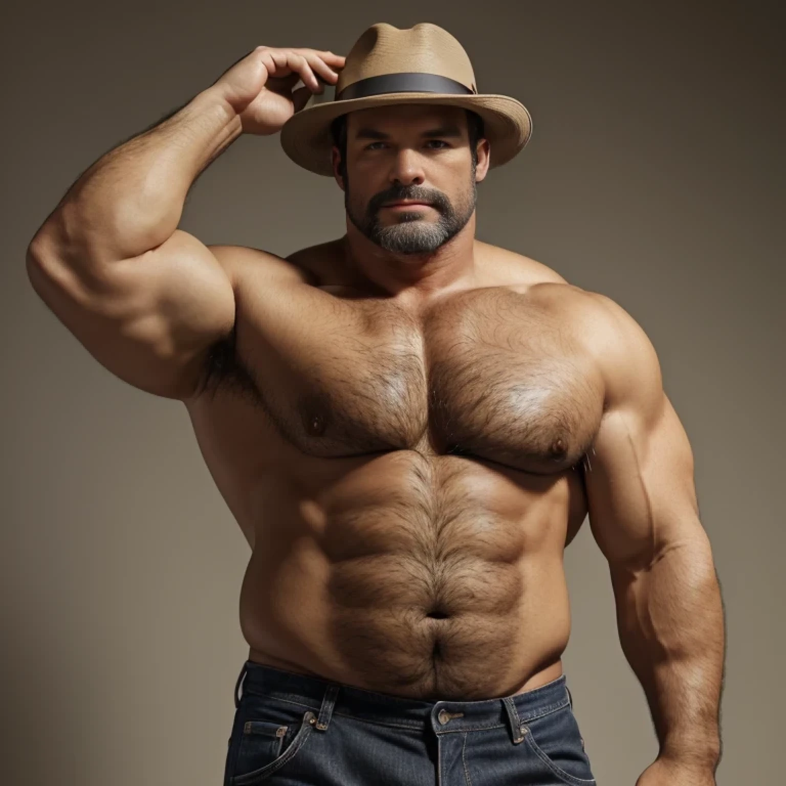 black hair, middle-aged man, individual, male, Muscular, wild fat uncle, 45 year old middle-aged man, crew cut hair, full body portrait, facial hair, hairy body, nerdy and bulky, thick thighs, (perfect body proportions : 1.2), wide temples, Fine hands, (perfect body proportions : 1.2), topless, dark blue jean, beige fedora, hand put on the fedora, solid color background, gray background, 8k, super detail,