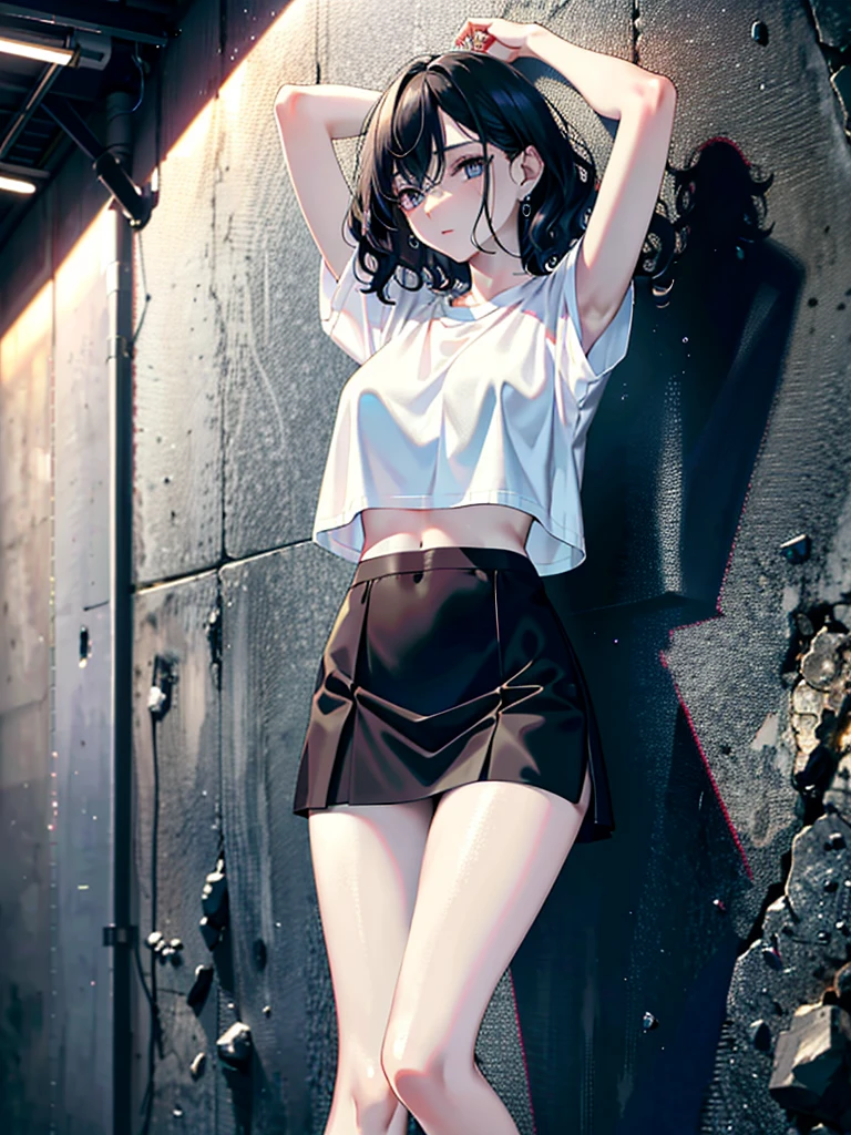 absurdres, RAW photo, extremely delicate and beautiful, masterpiece, Best Quality, ultra high resolution, 32k, hyperrealistic, ultra-detailed, perfect anatomy, anatomically correct, perfect figure, super Detailed skin, pale skin, 20 years old, very Slim body, narrow waist, very small head, very small face, delicate facial features, detailed face, detailed eyes, tearful mole, earring, thin legs, bare legs, very huge round breasts, short medium hair, ((wavy hair)), wet clothes, tight skirt, cropped T-shirt, Leaning against wall, arms up behind,
