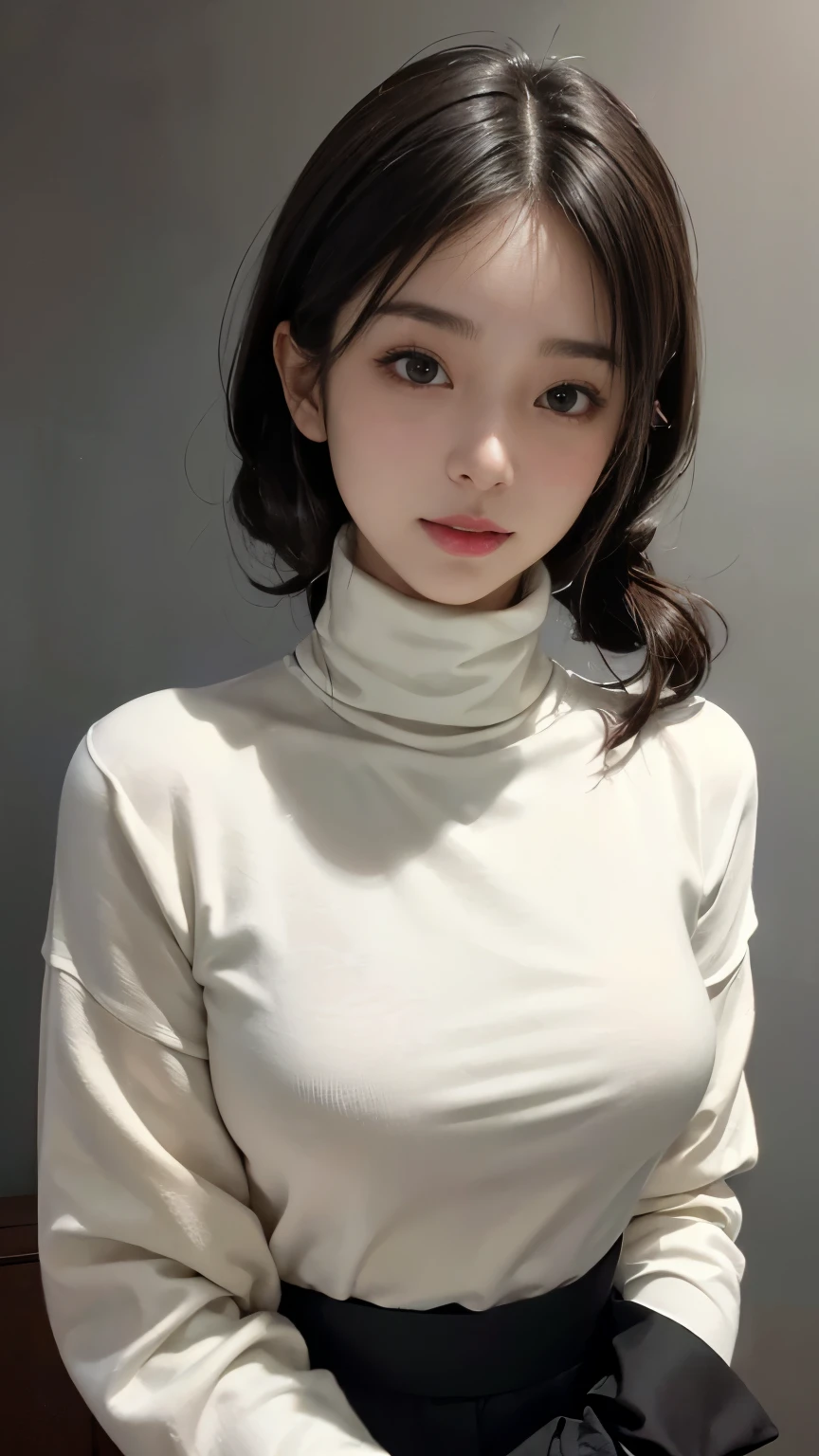 ((カフェの前に座るMature Woman)),((Turtleneck shirt:1.3)). 40k, photograph, masterpiece, highest quality, Dark Gray Background, ((Mature Woman, wife, mother, Mature Woman)), ((Plump breasts)), perfectionな顔, perfection , ((Large breasts)), ((1 girl with brown eyes and beautiful light black hair)). Beautiful Japanese Women，Ample, soft breasts and white skin, ((Very soft breasts)). Highly detailed face, Fine grain, Embarrassing, smile, summer, Daytime, (((Slave Collar))), (Headshot 1.5)