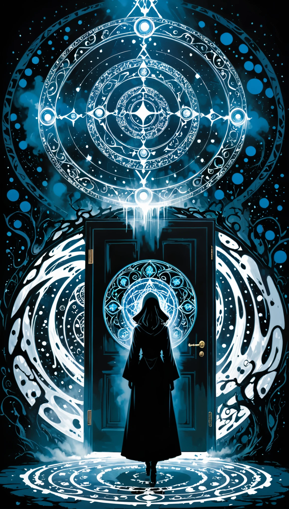 (artist by Mark Schultz:1.1),(artist by A. R. Penck:0.8),(artist by Abstract D'Oyley:1.1),artist by Abbas Kiarostami,character design,female mage,Door of Miracles，Magic Circle，Diffraction light fog surrounds，