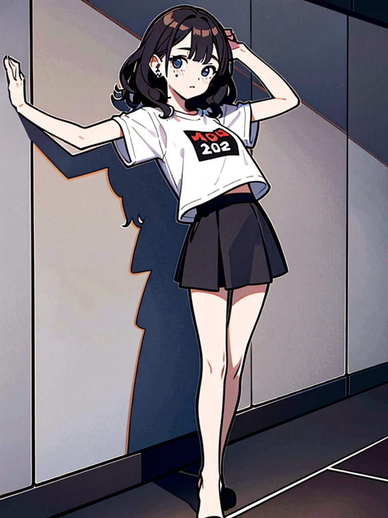 absurdres, RAW photo, extremely delicate and beautiful, masterpiece, Best Quality, ultra high resolution, 32k, hyperrealistic, ultra-detailed, perfect anatomy, anatomically correct, perfect figure, super Detailed skin, pale skin, 20 years old, very Slim body, narrow waist, very small head, very small face, delicate facial features, detailed face, detailed eyes, tearful mole, earring, thin legs, bare legs, very huge round breasts, short medium hair, ((wavy hair)), wet clothes, tight skirt, cropped T-shirt, Leaning against wall, arms up behind,