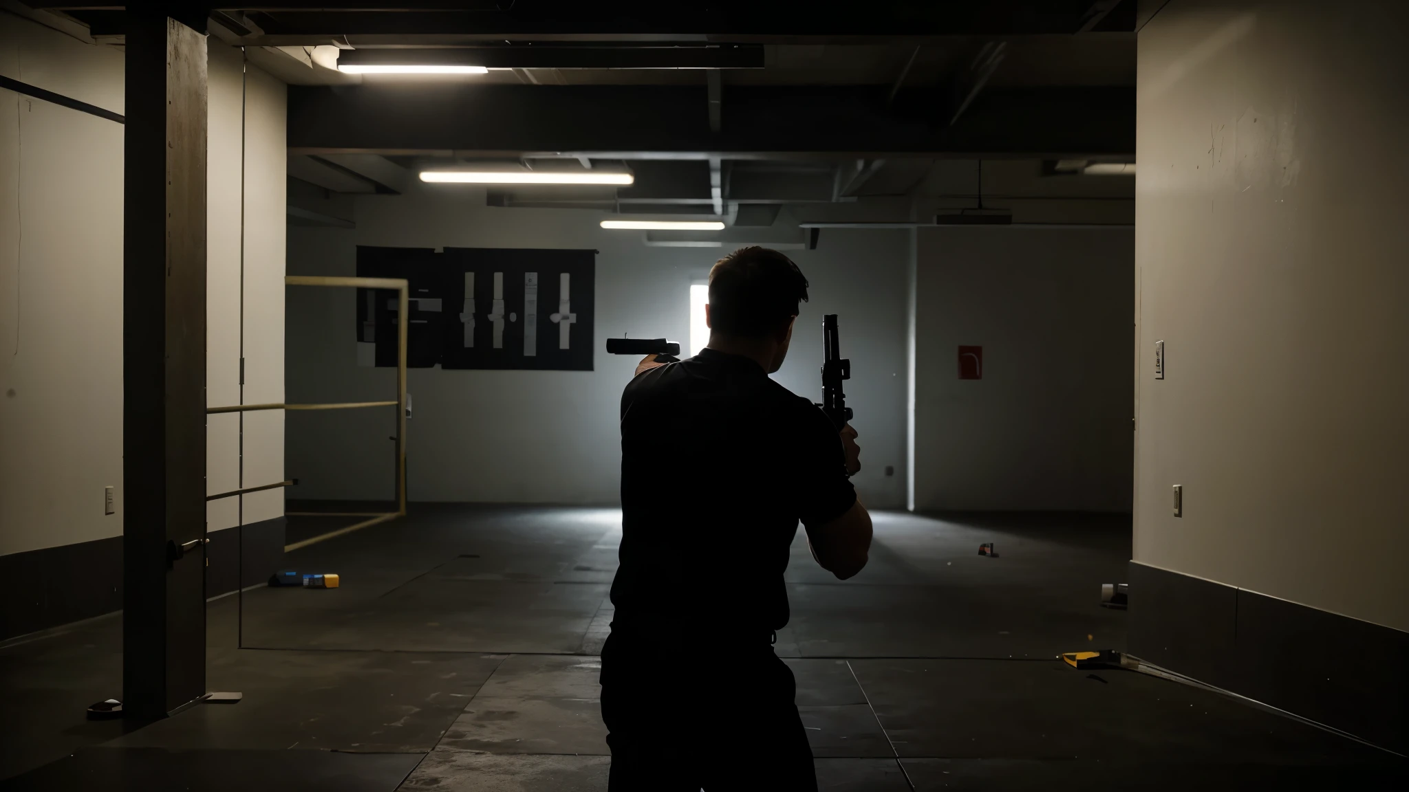 A man fires a gun at a target appearing between partitions in a dimly lit gymnasium