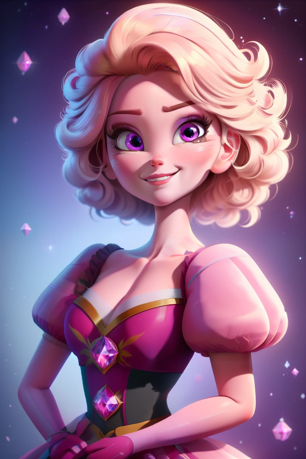 pnkdamond, pink hair, pink eyes,  big hair,  stomach gem,  pink skin,  toned, 
puffy short sleeves, elbow gloves ,  white thighhighs,   puffy dress, 
standing, upper body, 
 outerspace,  
(insanely detailed, beautiful detailed face,beautiful detailed eyes, masterpiece, best quality) cinematic lighting,  smile, 
 