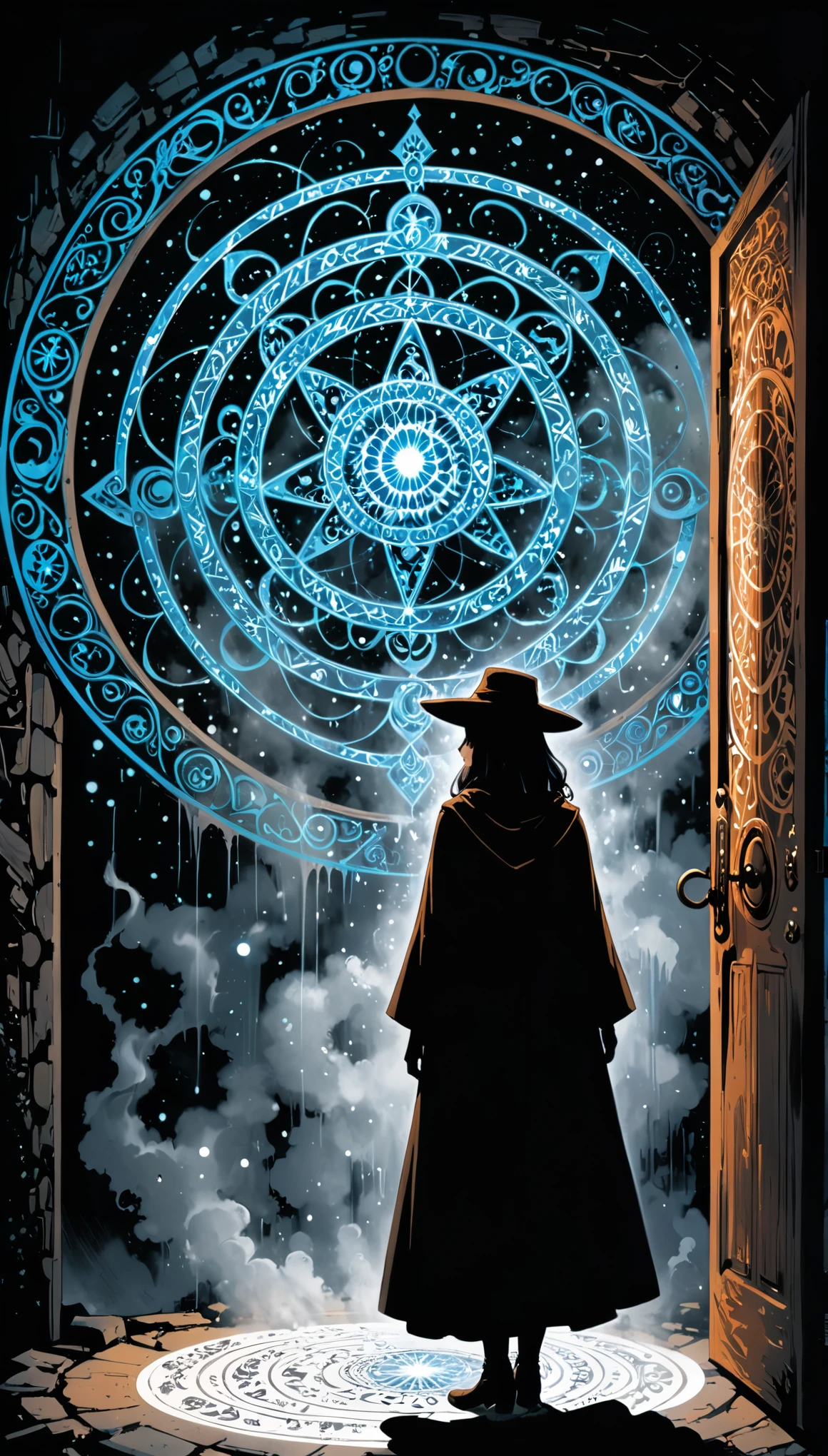 (artist by Mark Schultz:1.1),(artist by A. R. Penck:0.8),(artist by Abstract D'Oyley:1.1),artist by Abbas Kiarostami,character design,female mage,Door of Miracles,Magic Circle,Diffraction light fog surrounds,