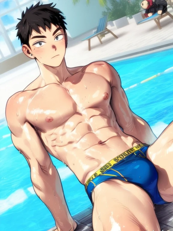 Cartoon boy in blue swimming trunks sitting on the dock near the pool, Cool anime poses, Shirtless :: High Detail, Tall anime man with blue eyes, Perfect body, Kentaro Miura manga art style, Wearing a swimsuit, Kentaro Miura Art, muscular!!, Hot sun, Anime handsome man, super awesome and cool, Smooth anime CG art