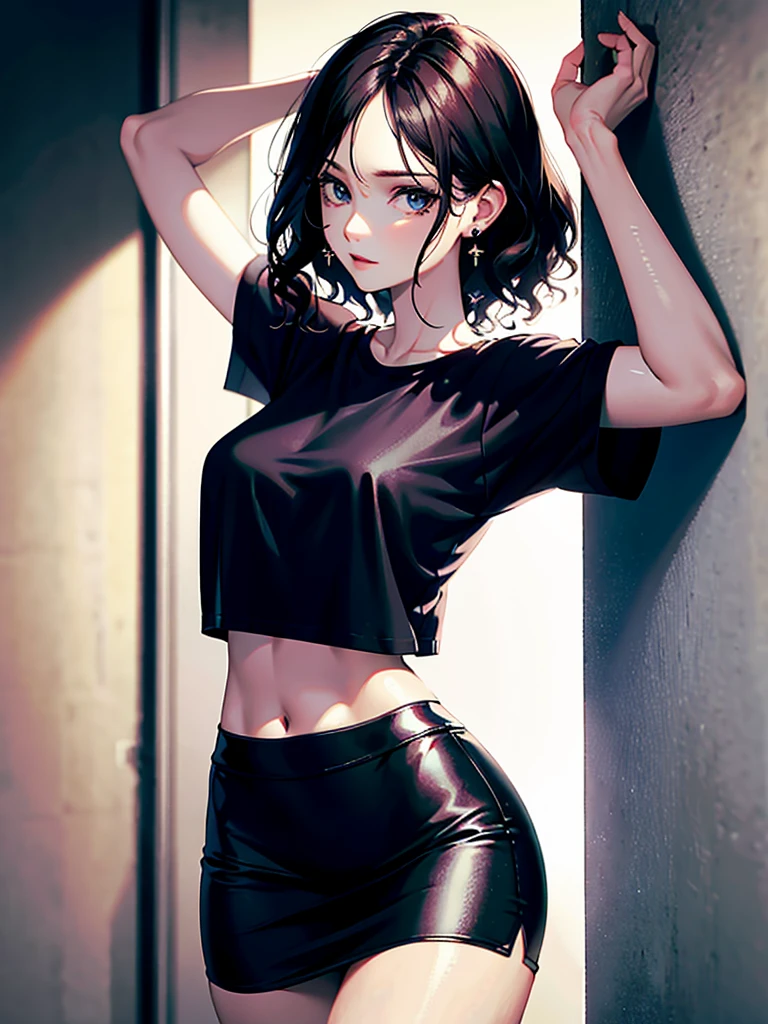 absurdres, RAW photo, extremely delicate and beautiful, masterpiece, Best Quality, ultra high resolution, 32k, hyperrealistic, ultra-detailed, perfect anatomy, anatomically correct, perfect figure, super Detailed skin, pale skin, 20 years old, very Slim body, narrow waist, very small head, very small face, delicate facial features, detailed face, detailed eyes, tearful mole, earring, thin legs, bare legs, very huge round breasts, short medium hair, ((wavy hair)), wet clothes, tight skirt, cropped T-shirt, Leaning against wall, arms up behind,