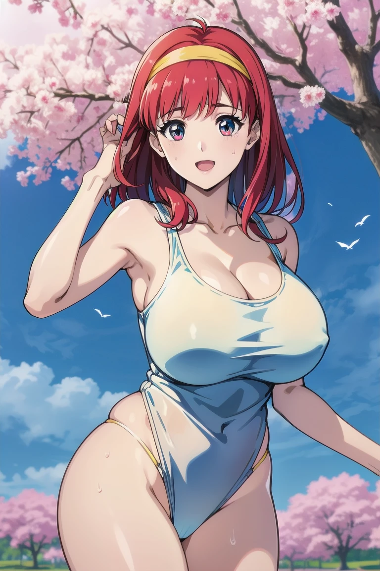 (Very exquisite beautiful face and eyes:1.2),(Laugh together),((Big Breasts))、White high leg panties、Fresh Skin、Beautiful legs,、,Redhead、Yellow headband、Cherry tree、
(highest quality,masterpiece:1.2),1 girl,Looking at the audience,
Natural light,Hair blowing in the wind,Beautifully detailed skies,Covered in sweat