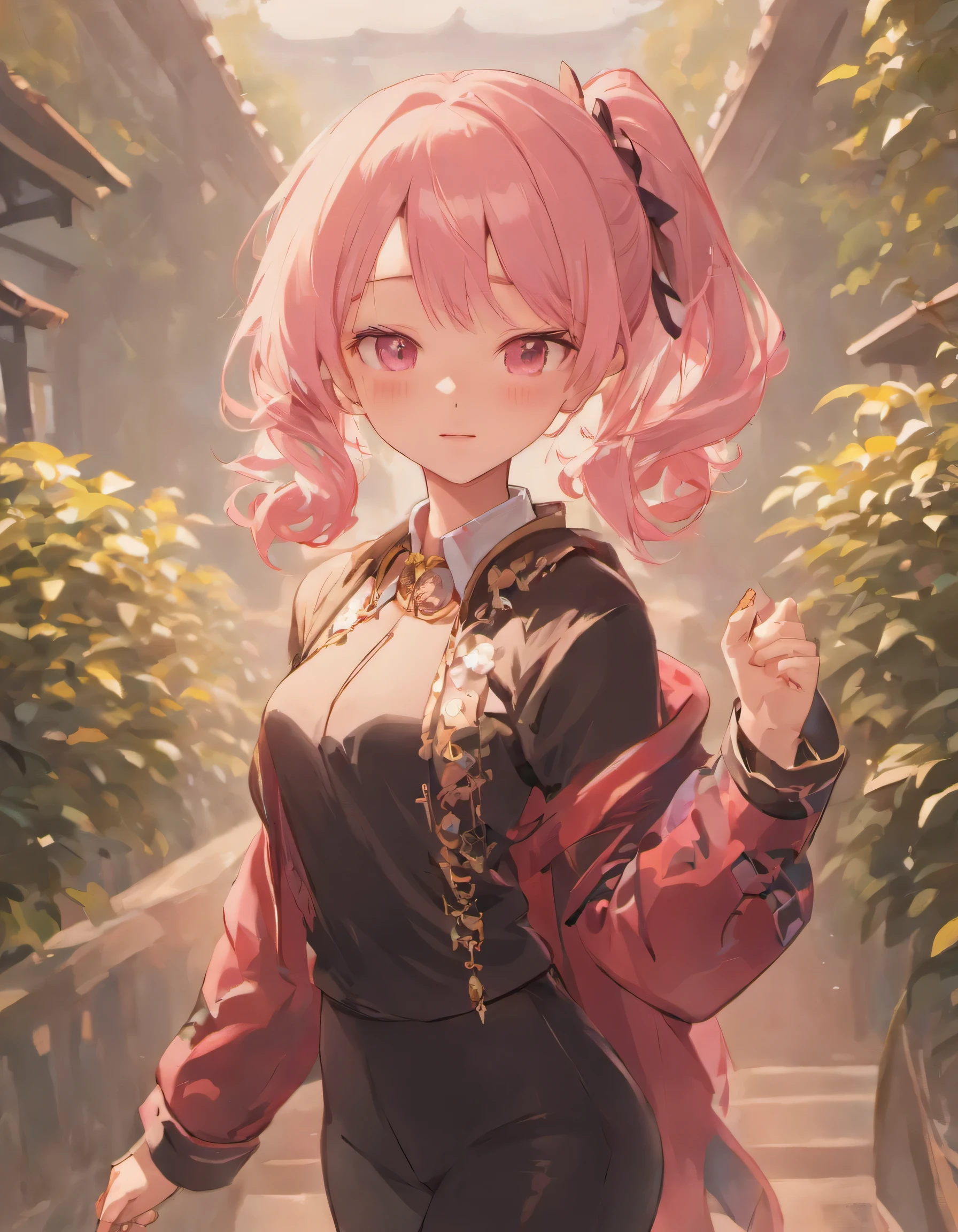 There is one ultra-realistic girl。She has a slim figure、Height is 155 cm。Her hair has a pale pink color and、、Her hairstyle is twin tails.。Hair is smooth、Luxurious ornaments complement the corners around it。Her eyes are a beautiful scarlet.、Staring at this。Her nose was not very high.、has shiny pink lips。With a smile、Teeth are visible.。Red ribbon flutters in the wind from the neck.。She is wearing a black suit with white accents..、The pattern is green。Pure、Loose shoulders。For the lower body, I'm wearing long pink pants that are easy to move in..。A red band is visible from the waist。She is clenching her fists.、There are 5 fingers on each side.。Background in the wilderness forest、A tall mountain々And the lake looks far away。It's from the camera's point of view.、Laugh shyly。