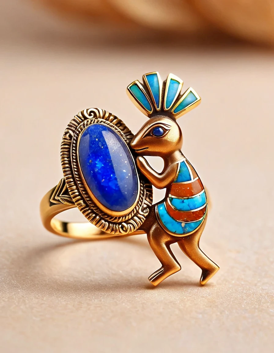 in style of Ming Dynasty period ，Kokopelli playing the flute holding an oval blue-orange double opal minimalist ring design，Indian elements，The matching stones are small amounts of lapis lazuli and turquoise，，Clams，feather，gem，Retro，Old，Soft Light