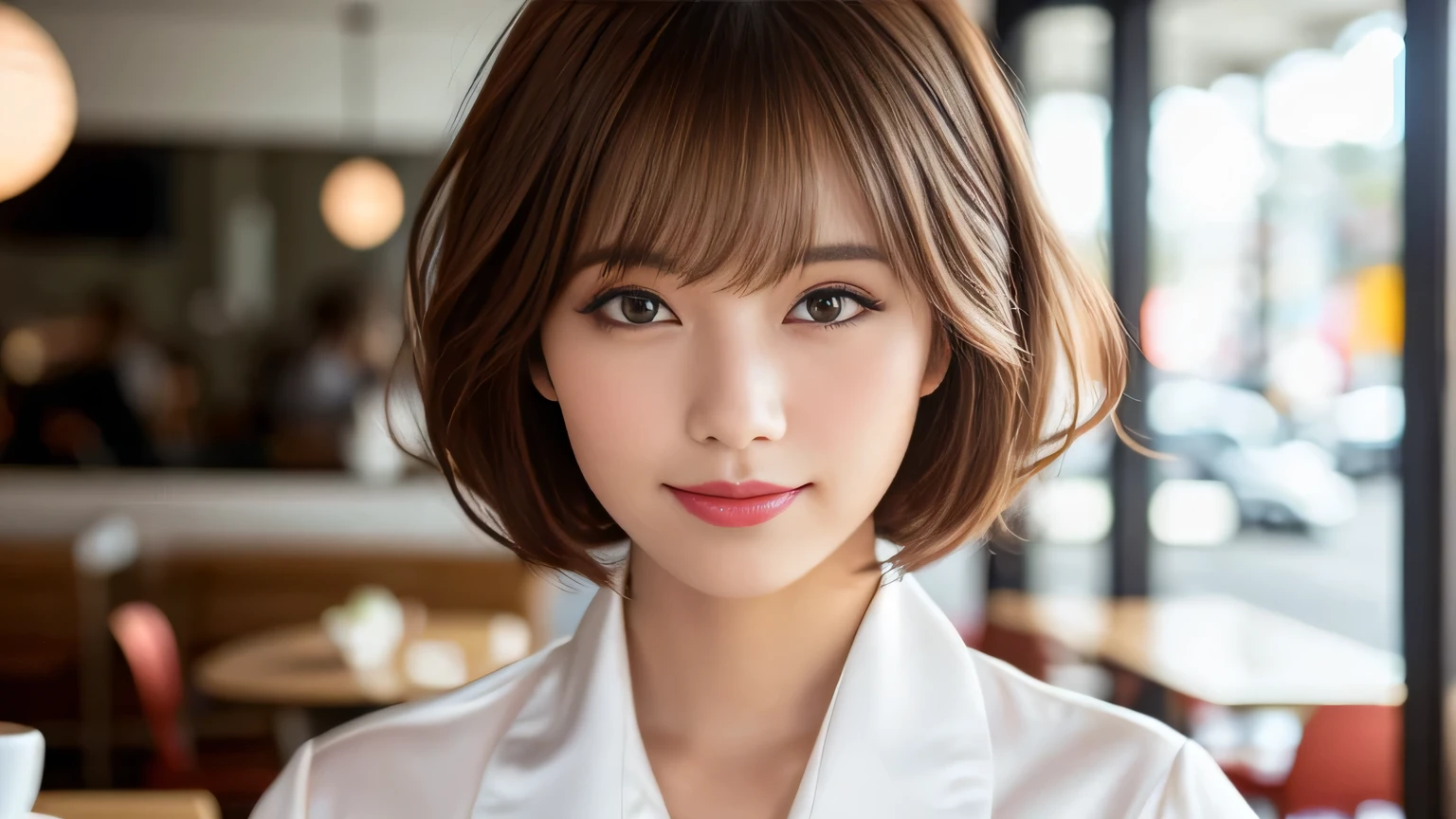 Product quality, Upper Body Shot, Front view, inside a stylish cafe, 1 girl, Young and beautiful Japan woman, Short Bob Hair, Super cute face, glamorous, I wear a satin silk white shirt with short sleeves and long sleeves with a collar, Lots of smiles at the cafe, Glossy Lips, Double eyelids on both eyes, Natural Makeup, Long eyelashes, Shiny and smooth light brown hair, Asymmetrical bangs, Sunburned skin, Center image, High resolution, Attention to detail, Detailed hairstyle, Detailed face, Cinema Lighting, Surreal, Perfect body,