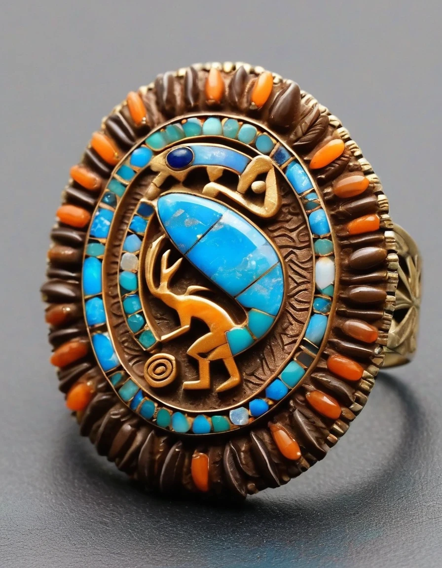 in style of Aztec Empire period ,,A minimalist ring design of Kokopelli, the rain god playing the flute, holding an oval double opal stone,Indian elements,geometry,The matching stones are small amounts of lapis lazuli and turquoise,Coffee color,Orange,Clams,feather,gem,Retro,Old,Soft Light