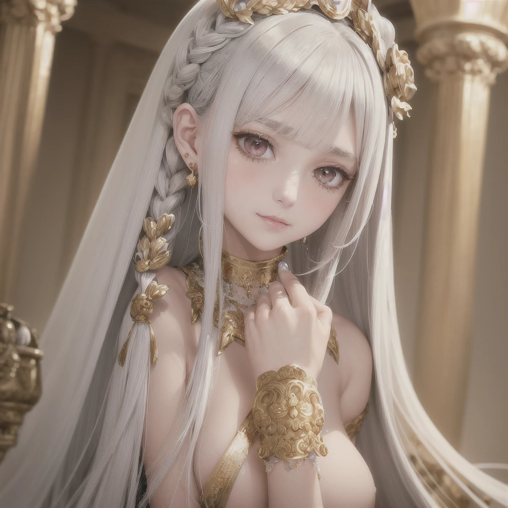 best quality, masterpiece,gray hair, golden eyes,white clothes, search,hair,fair skin,side braids,,(very detailed),(Really delicate and beautiful face),(detailed beautiful eyes),big bust,redness of ears,blush light smile, Exotic eyes, 1lady solo, nobility, royalty,closeup, detailed texture, whole body