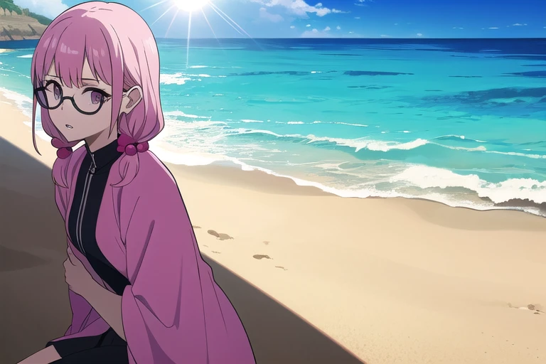 female, curtained hair, pink hair, hair bobbles, parted lips, alone, oculos de sol, praia