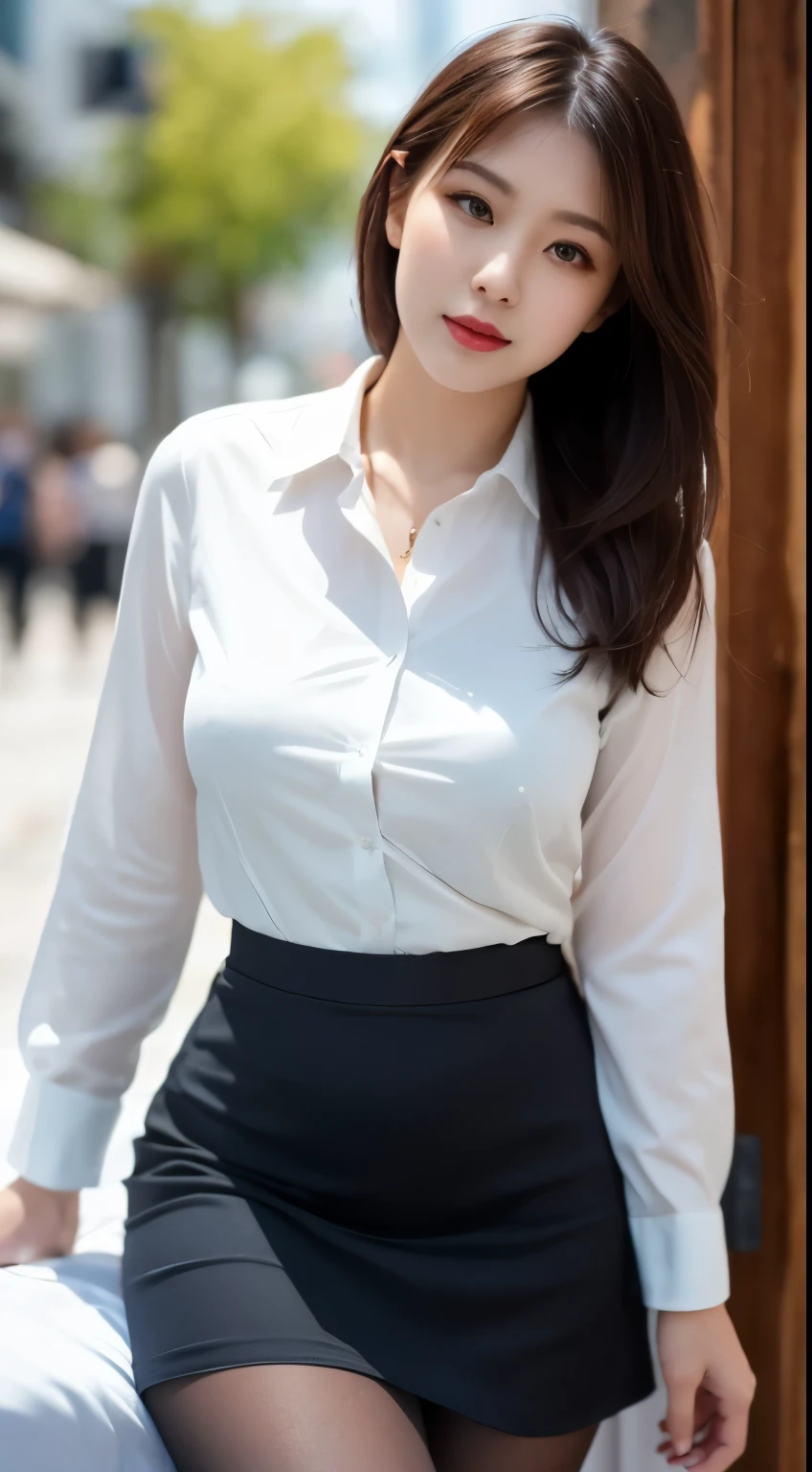 ulzzang-6500-v1.1, (RAW Photos:1.2), (Photorealistic), (Genuine:1.4), (Mastepiece), masterpiece, Absurd, The finer details, High resolution, Highly detailed face and eyes, Photorealistic, Classy upper class elite woman in white shirt and black skirt, ((仰向けにsleep on the bed with your eyes closed))、((仰向けにsleep))、((Lie on your back、autumn、sleep))、(Short Layered Hair), Wear a neat shirt and skirt, (Wearing pantyhose)、Wear high-quality high heels、(Short Layered Hair), Girl in suit, Businesswoman, Business Attire, Wear a shirt and skirt, Summer business wear,  (Intricate details:1.4)、Vivid details, Super Detail, Realistic skin texture, Detailed aspect, Beautiful details in the eyes, Makeup, (Detailed Background:1.2), Exposed thighs!!!,