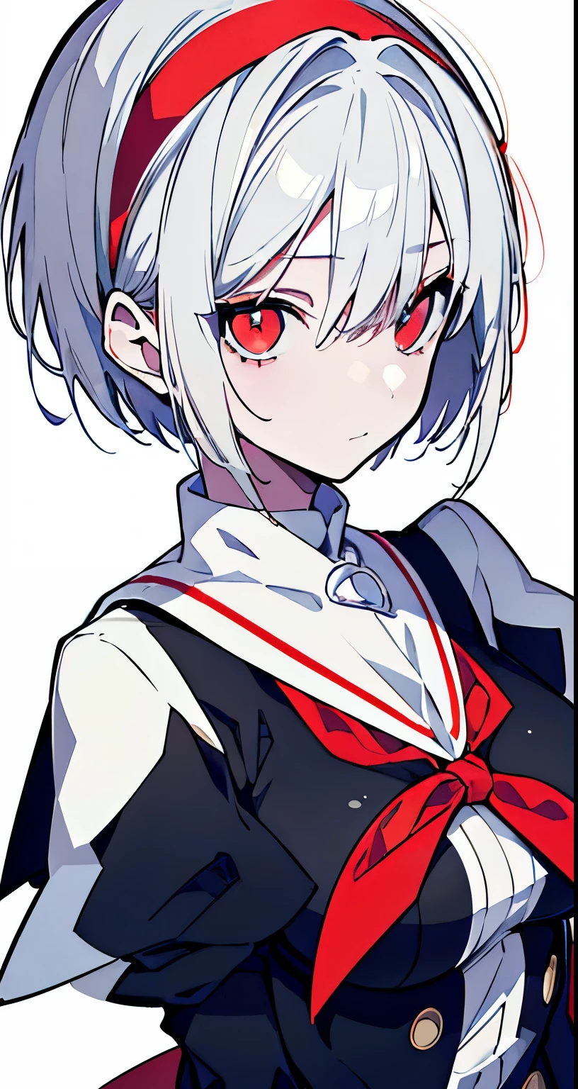 ((Beautiful Beautiful Girl)),(White color eyes), 1 small, slim woman, Process々Big breasts, ((ash glay color hair)),((straight short Hair)),((Red headband)),In 8K, Best quality, (Highly detailed head: 1.0), (Very detailed face: 1.0), (Highly detailed hair: 1.0),((black school Clothes )),Detailed official artwork, Beautiful detailed anime art,