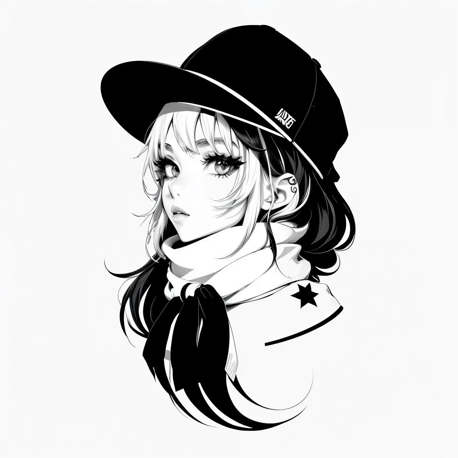 black and white manga anime a woman with a hat and a scarf on her head, scene girl, hd vector art, vector svg art, tattoo stencil, 1024x1024, black and white vector art, pop punk art style, attractive girl tomboy, with rap cap on head, high quality sketch art, urban girl fanart, vectorial art, vector line art