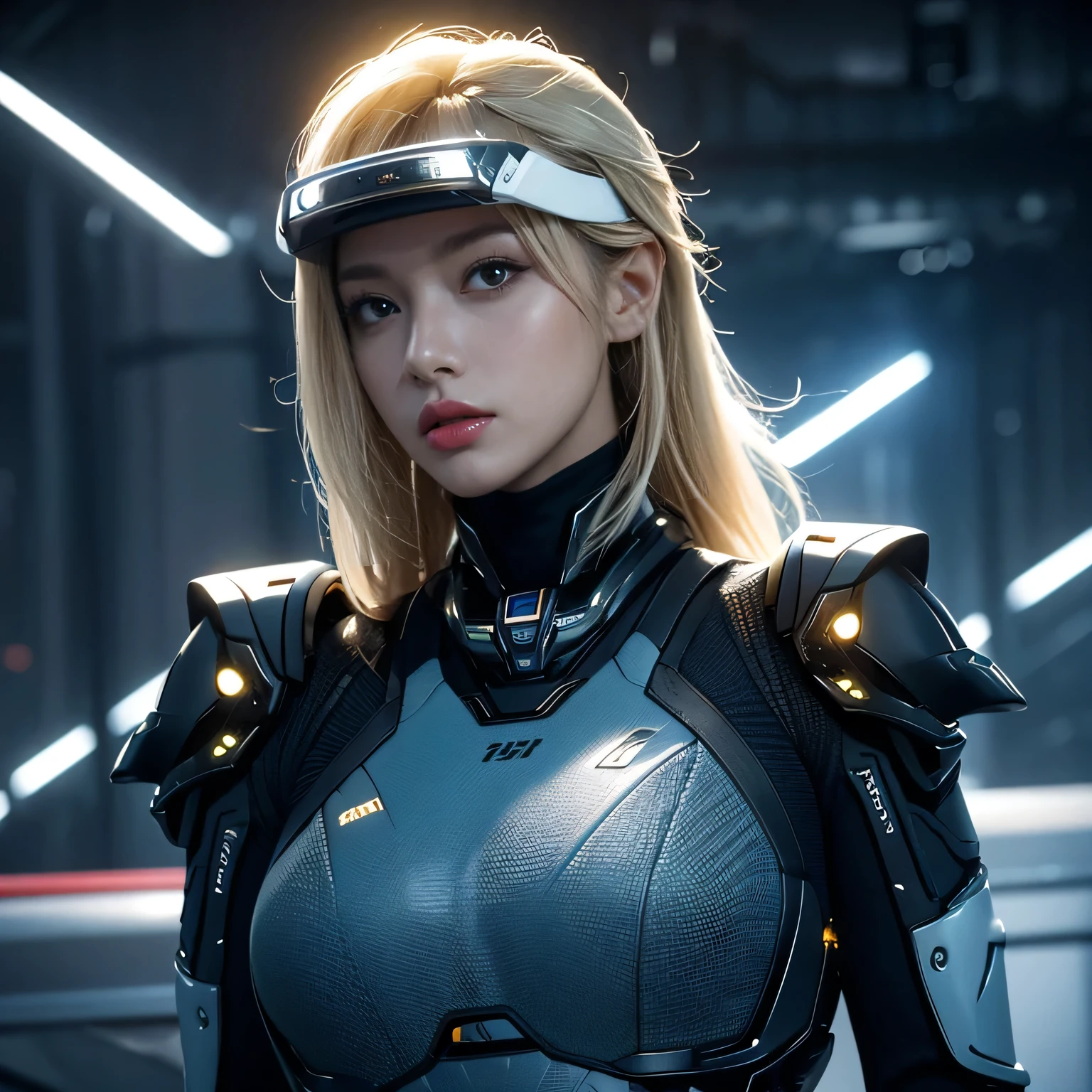 Busty blonde female spy in a top-secret mission, clad in a realistic, ultra-detailed spy outfit. The blonde hair shines under the HDR, photorealistic lighting, cascading over her shoulders, and revealing her slender neck. Her outfit, consisting of a tight-fitting bodysuit with a cleavage-revealing neckline and a sleeveless jacket, exhibits a luster and slick texture from the sub-surface scattering and PBR texturing. She wears a cybernetic headwear with a visor, exposing her beautiful, incredibly detailed eyes and face. Her equipment includes a photorealistic, high-resolution communication