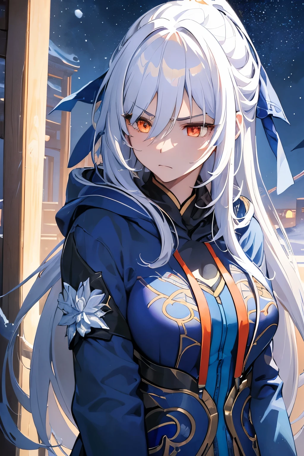 (best quality:1.3), (masterpiece:1.3), (illustration:1.3), (ultra-detailed:1.3), (mid shot:0.9), 1girl, Long hair, white hair, ((blue hoodie)), medium breasts, night sky, stars, dark, JingliuV5, tall, ((mature, serious expression, serious,)) snow, snowy, casual outfit, Chinese, jacket, upper body, orange eyes,