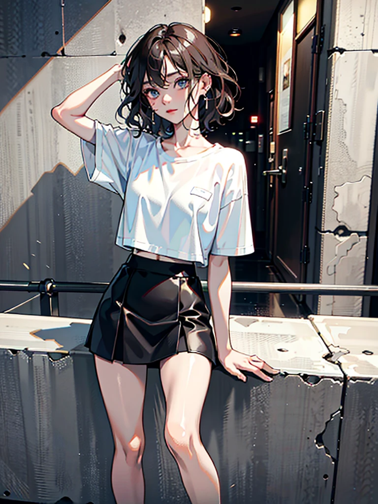 absurdres, RAW photo, extremely delicate and beautiful, masterpiece, Best Quality, ultra high resolution, 32k, hyperrealistic, ultra-detailed, perfect , anatomically correct, perfect figure, super Detailed skin, pale skin, 20 years old, very Slim body, narrow waist, very small head, very small face, delicate  features, detailed face, detailed eyes, tearful mole, earring, thin legs,  legs, very huge round breasts, short medium hair, ((wavy hair)), wet clothes, tight skirt, cropped T-shirt, Leaning against wall, arms up behind,