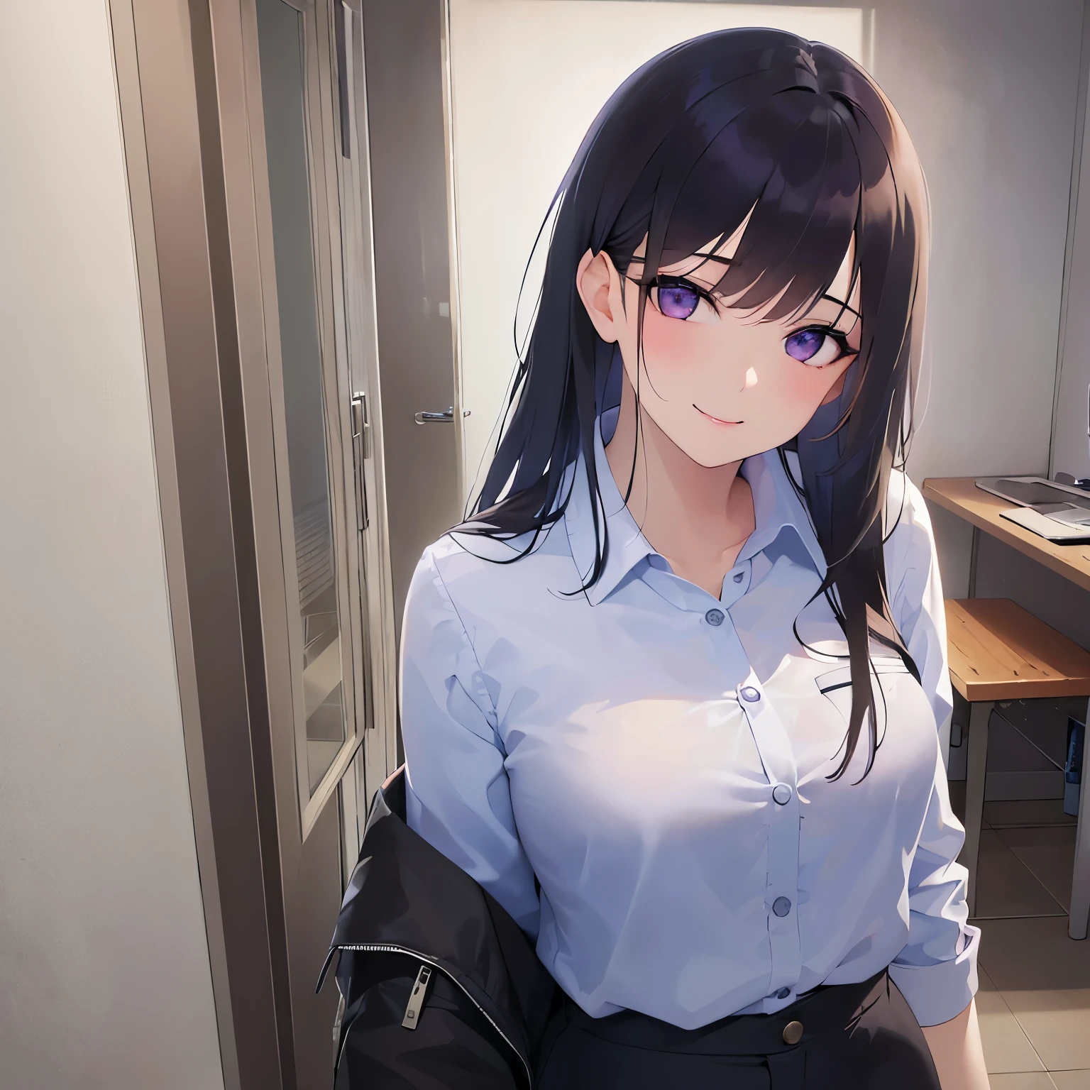head tilt, Realistic, real person, (pale skin: 1.2), RAW photo, photorealistic, portrait photography, shiny skin, shiny hair、(A 25-year-old woman with straight hair and bangs) and (medium hair) and (black hair) and (purple eyes) , (white plain collared shirt)、(smile:1.3), Background is an office room、Alone、Are standing