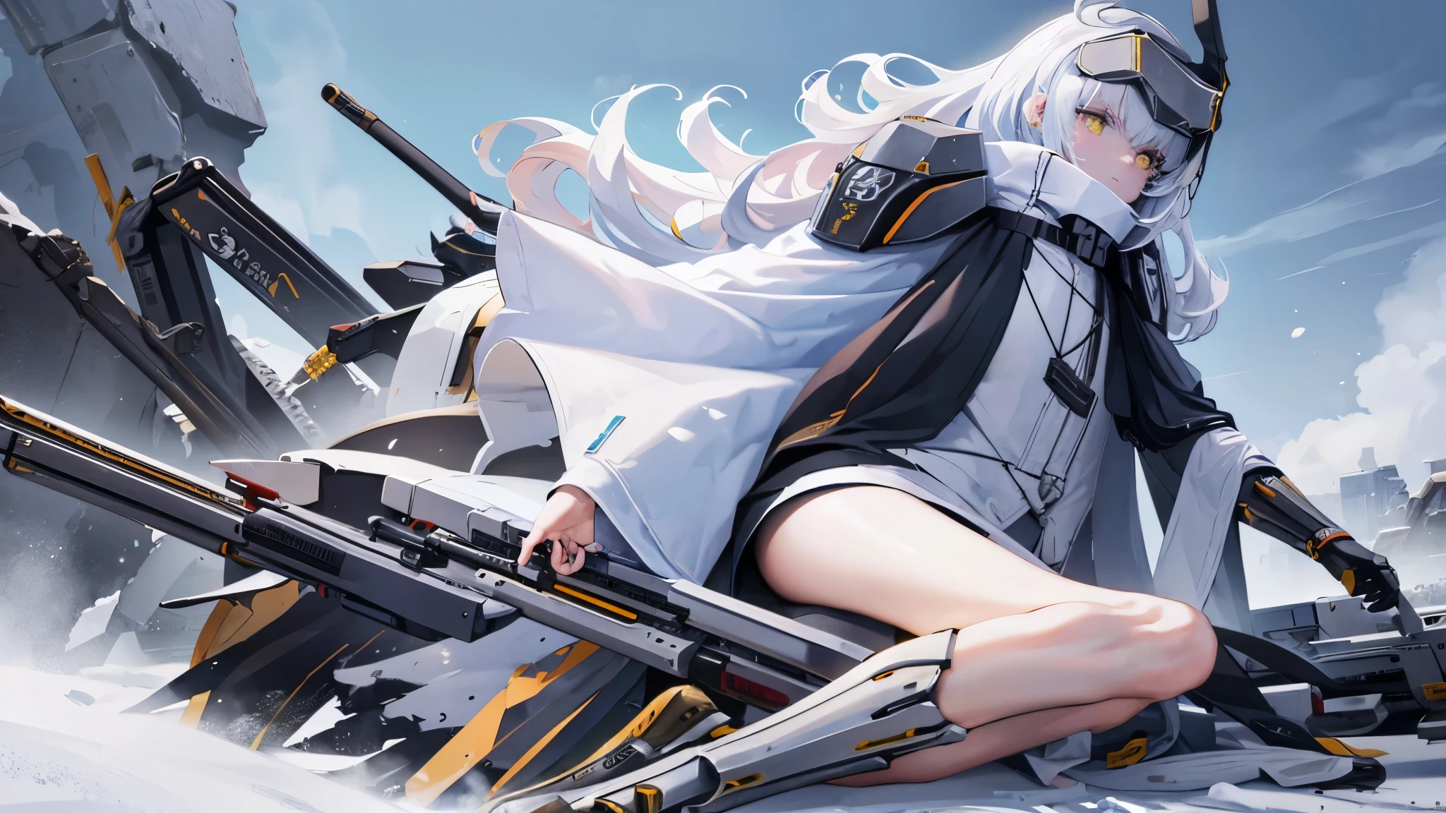 yellow eyes, white hair, long hair, headgear, mechanical boots, cloak, bare legs, single pauldron,war, blood, rifle, shooting, empty, cruel, sad,1 person