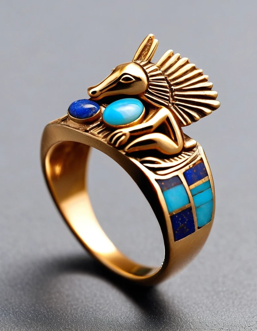 in style of Aztec Empire period ,，A minimalist ring design of Kokopelli, the god of rain playing the flute, holding an oval opal stone，Indian elements，geometry，The matching stones are small amounts of lapis lazuli and turquoise，Coffee color，Orange，Clams，feather，gem，Retro，Old，Soft Light