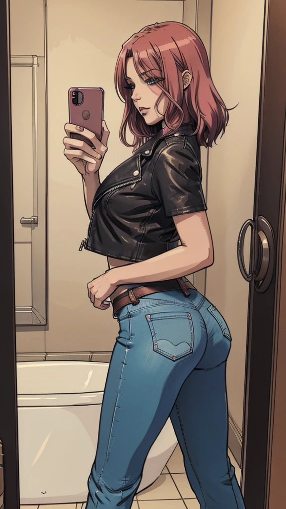 sexy nude woman, cum on breasts, taking selfie in bathroom mirror, (8k, masterpiece, highly detailed:1.1)