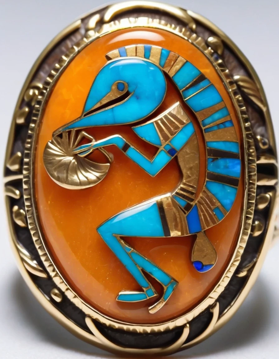in style of Aztec Empire period ,,A minimalist ring design of Kokopelli, the rain god playing the flute, holding an oval double opal stone,Indian elements,geometry,The matching stones are small amounts of lapis lazuli and turquoise,Coffee color,Orange,Clams,feather,gem,Retro,Old,Soft Light