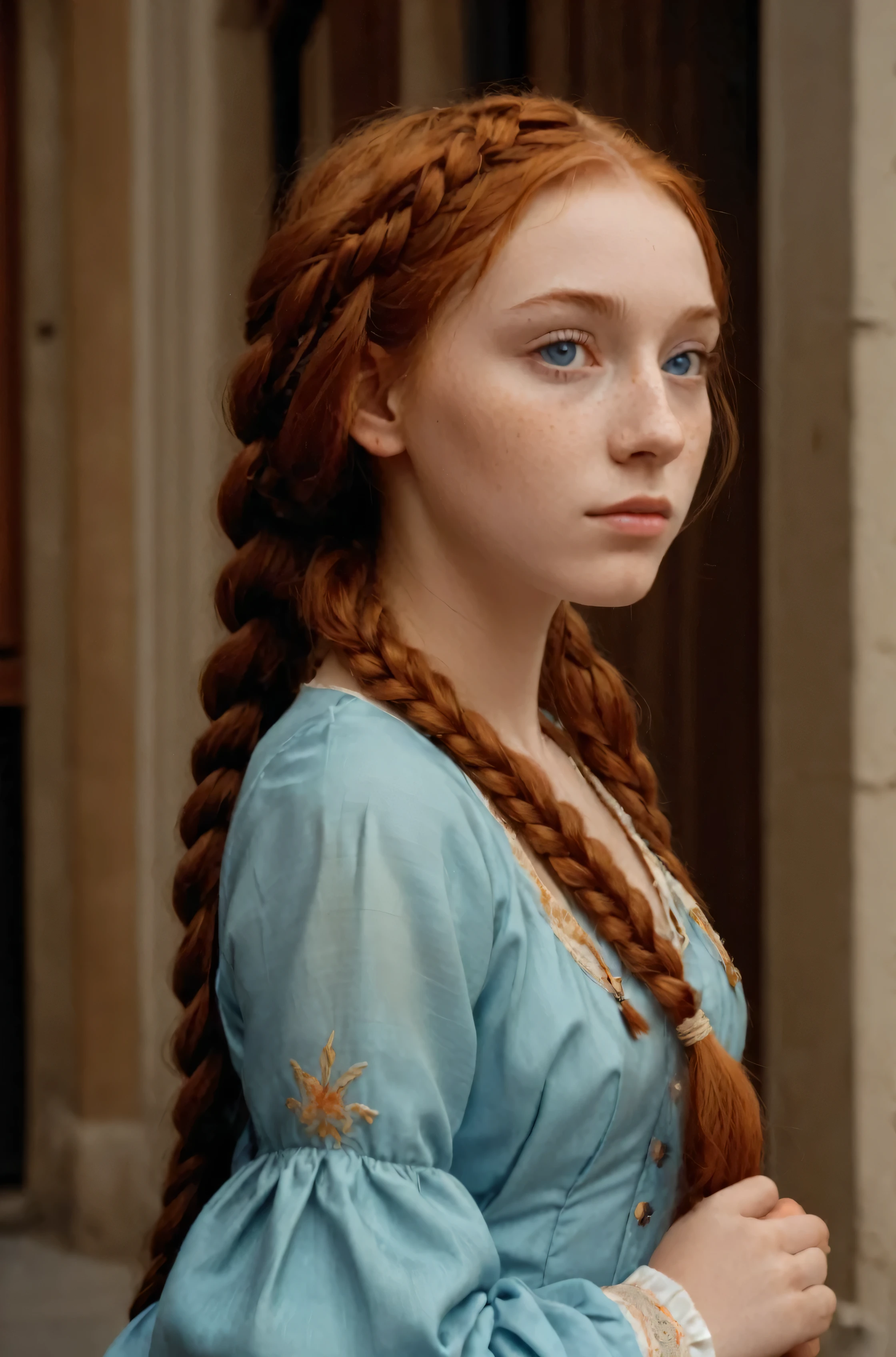 1girl 18yo, solo, extremely long hair, looking at camera, blue eyes, richly embroidered renaissance dress, on a street in 15th century florence, jewelry, upper body, braid, orange hair, twin braids, lips, freckles, curly hair, realistic, multiple braids, profile, Simonetta,Extremely Realistic,1girl
