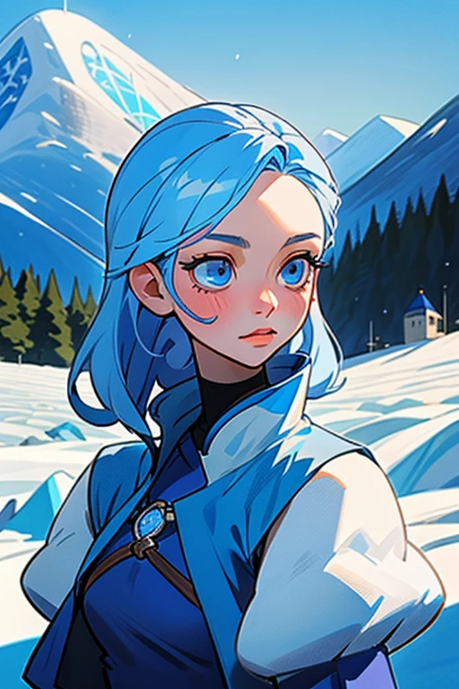 Une femme, 25 ans, cheveux longs, cheveux bleus, blue hairs, blue eyes, yeux bleus, beaucoup de Détails, dans la montagne, snowy mountain, glacier, game of throne, marcheur blanc, sexy