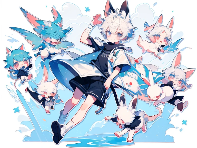 Tabletop, Perfect Face, highest quality, highest quality, 1 boy, Male characters, short hair, White skin, Ribbon on neck, Detailed Race, original character, Detailed design, Unique Design, whole body drawing, commission, Possibility of employment, White costume, whole bodyエズビアン, 不気味でcute, Shortsを履いている, Male characters, アニメjuvenile, White Background, Sky Background, whole body, Loose-fitting ruffled shirt, Thin hands, one person、 Bunny ears, Bunny ears, Pure white outfit, Pure white skin, 不自然にWhite skin, White skin color, albino, Shorts, ゆったりとしたShortsを履く, Shota, Fluffy hair, Ruffled socks, Thin legs, Splash Art, Jump up, Pure white skin, Waist-length hair, Fluffy hair, 4K, hard disk, Perfect photo, Short shorts, Whimsical, cute, Thin legs, ショタ ショタ ぬいぐるみ ウサギ ジャージ Shorts light blueジャージ 明るい髪 light blueの目 高品質 高解像度 生き生きとした cute花 膝当て 傷跡 青いリボン one person 、whole body、Character Design、Maid Jersey、sneakers、Dropped rabbit ears、light blue、Bandage、juvenile、front、floppy ears
