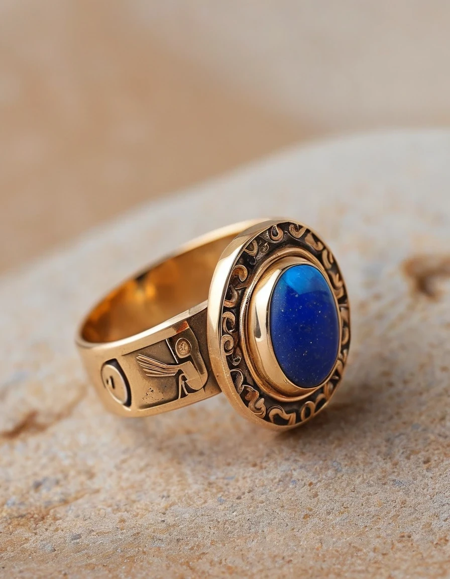 in style of Aztec Empire period ,A minimalist ring design of Kokopelli, the rain god playing the flute, holding an oval double opal stone，Indian elements，geometry，The matching stones are small amounts of lapis lazuli and turquoise，Orange，Clams，feather，gem，Retro，Old，Soft Light