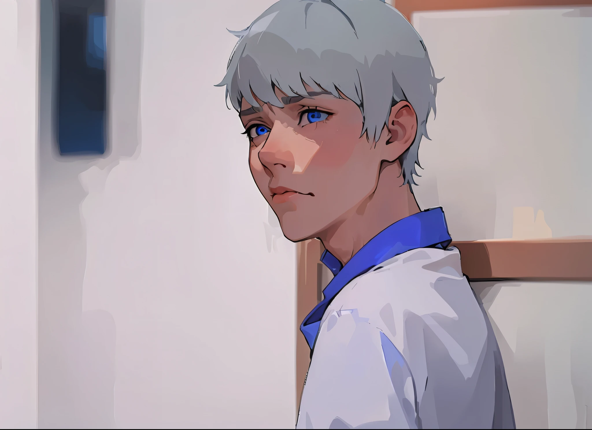 cute  man blue eyes gray hair is looking at someone he is sad  