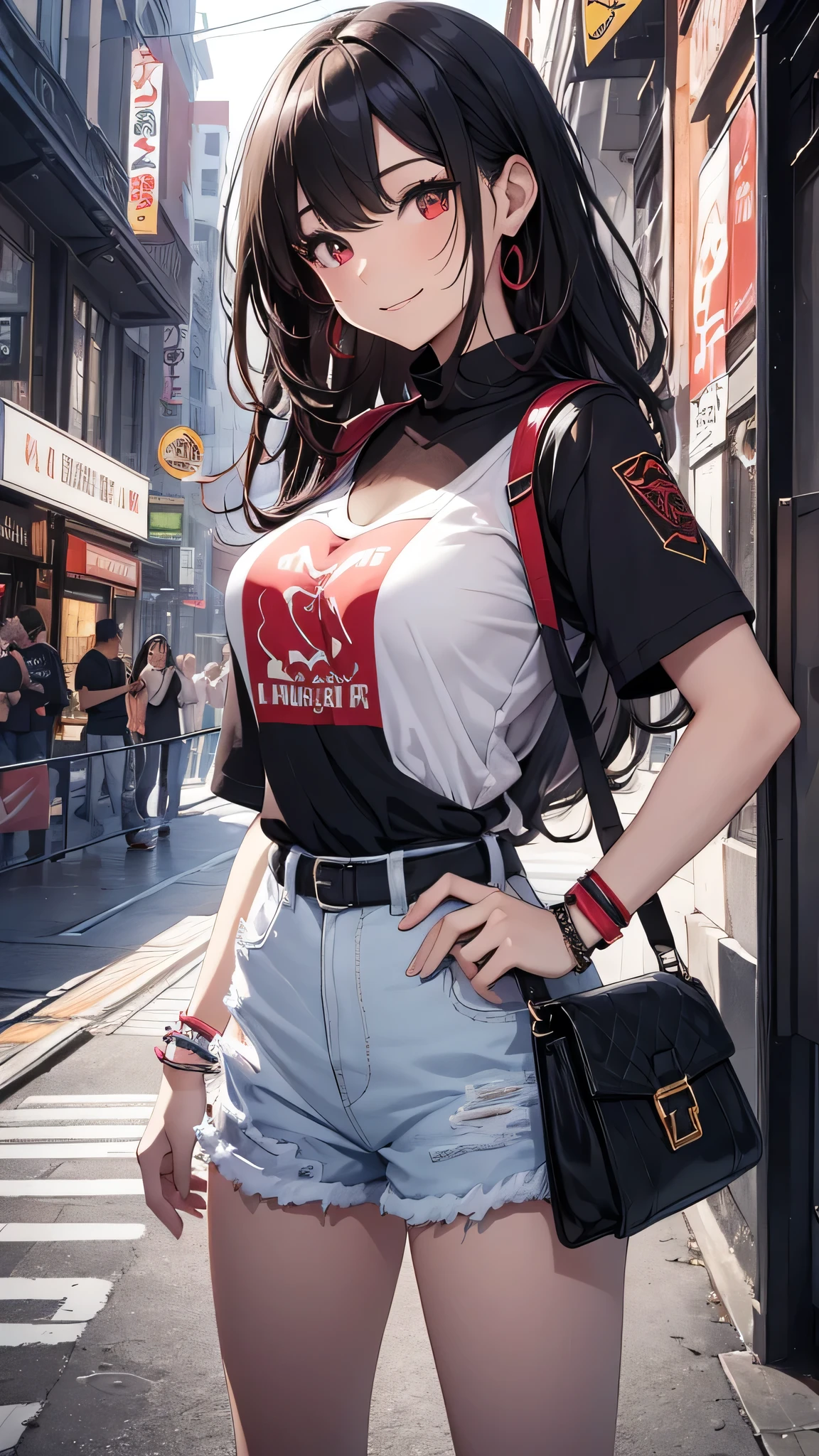 最high quality、Best image quality、masterpiece、girl((18-year-old、 By becoming、Best Bust、Medium Bust,Wide open breast tea、Red glowing eyes,Black Hair、Red Mesh、Disheveled Hair、Lointail、thin,The highest valley、Open chest、Luminous Wristbands、hair ornaments、Show the whole body,Black short sleeve T-shirt、Wear a shoulder bag、Short denim trousers、Leaning forward、smile、Disheveled,Hands on hips、turn around、peace sign)),high quality、Beautiful art、background((Beautiful sun、sunlight、Large shopping malls、squirt))、Flight、Flying debris、Written boundary depth、movie、Visual Arts、Perfect art、8K,Genuine,