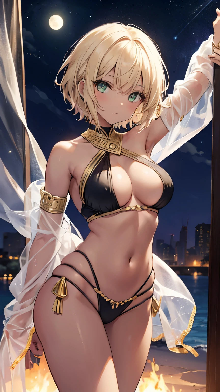 hightquality、top-quality、8K, 独奏、1girl in、Luxurious tropical hotel pool、Outdoor pool、Neon light、((Pink lighting))、swimming pools、Pool at night、Night view、starrysky, makeup、maikurobikini、Full Body Gold Accessories, (Gold Accessories、Gold necklace、Gold Bracelet、belly button piercing、Gold waist chain、Gold Earrings), Thick lip、Glossy pink lipstick、 (((Sweat))), fishnet tights、(((Platinum blonde short hair with brown skin tone))), Girl floating on water、Pink liquid on the body