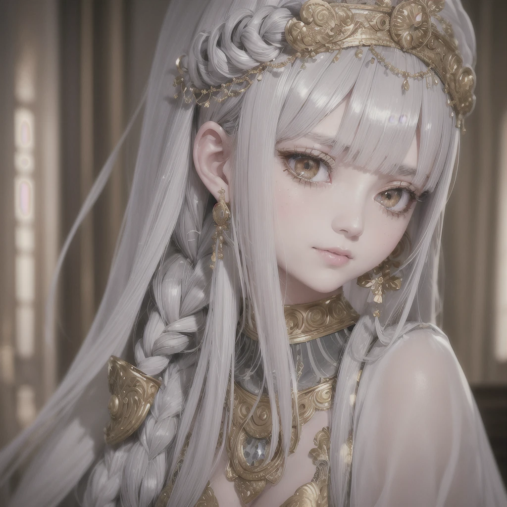 best quality, masterpiece,gray hair, golden eyes,white clothes, search,hair,fair skin,side braids,,(very detailed),(Really delicate and beautiful face),(detailed beautiful eyes),big bust,redness of ears,blush light smile, Exotic eyes, 1lady solo, nobility, royalty,closeup, detailed texture, whole body