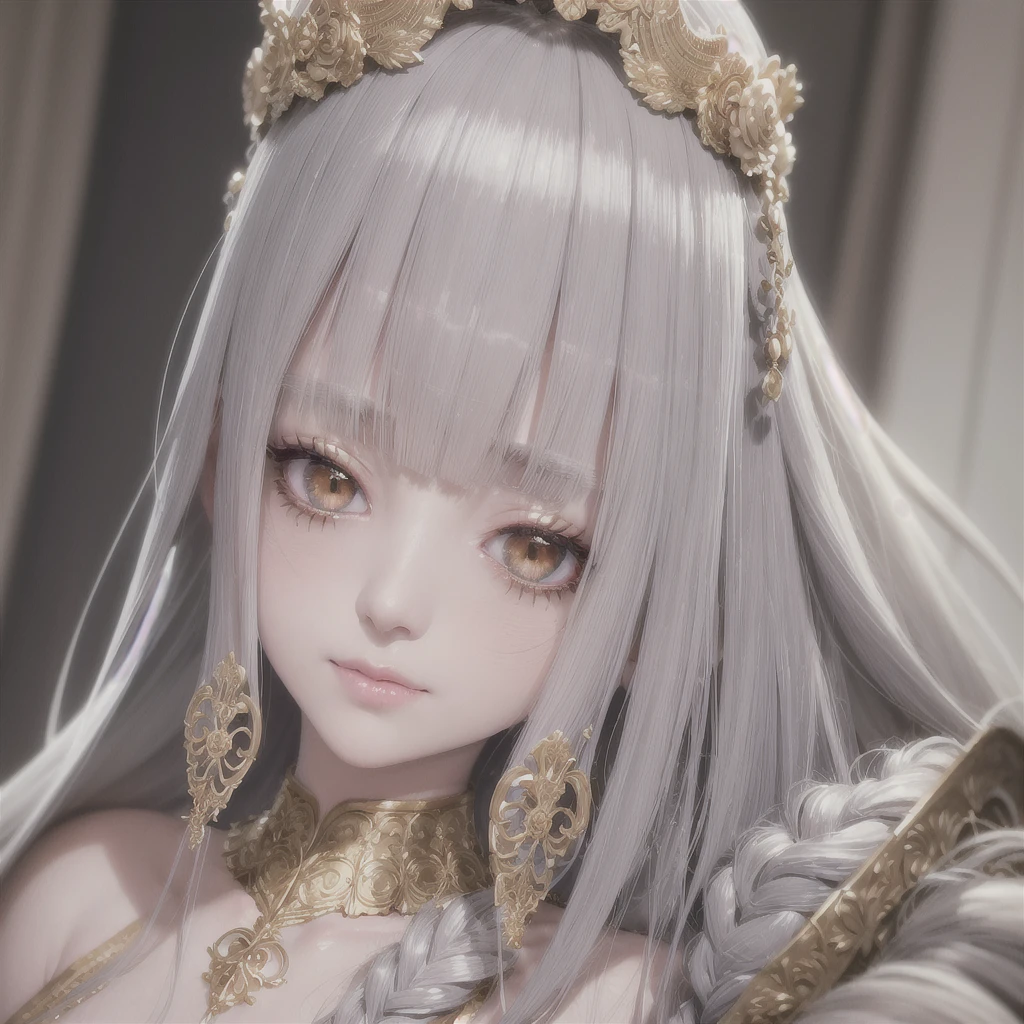 best quality, masterpiece,gray hair, golden eyes,white clothes, search,hair,fair skin,side braids,,(very detailed),(Really delicate and beautiful face),(detailed beautiful eyes),big bust,redness of ears,blush light smile, Exotic eyes, 1lady solo, nobility, royalty,closeup, detailed texture, whole body