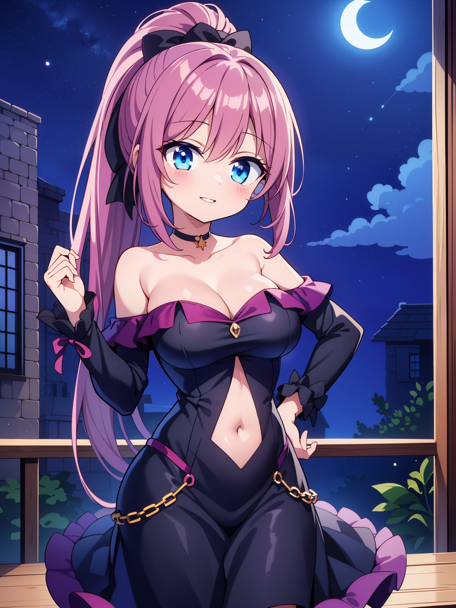 1girl, breasts, moon, hand_on_hip, crescent_moon, blue_eyes, ponytail, bare_shoulders, long_hair, purple_hair, night, large_breasts, sky, cleavage, solo, covered_navel, rating:safe, collarbone, looking_at_viewer, smile, off_shoulder, sidelocks, blush, hair_between_eyes, starry_sky, bangs, night_sky, dress, navel, cloud, window, star_(sky), parted_lips, outdoors