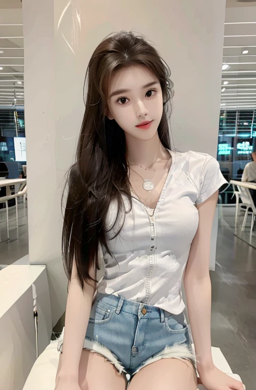 Practical, high resolution, 1 girl, Long hair, Korean,, Loose white shirt, Skinny denim shorts,, thigh, Expose,