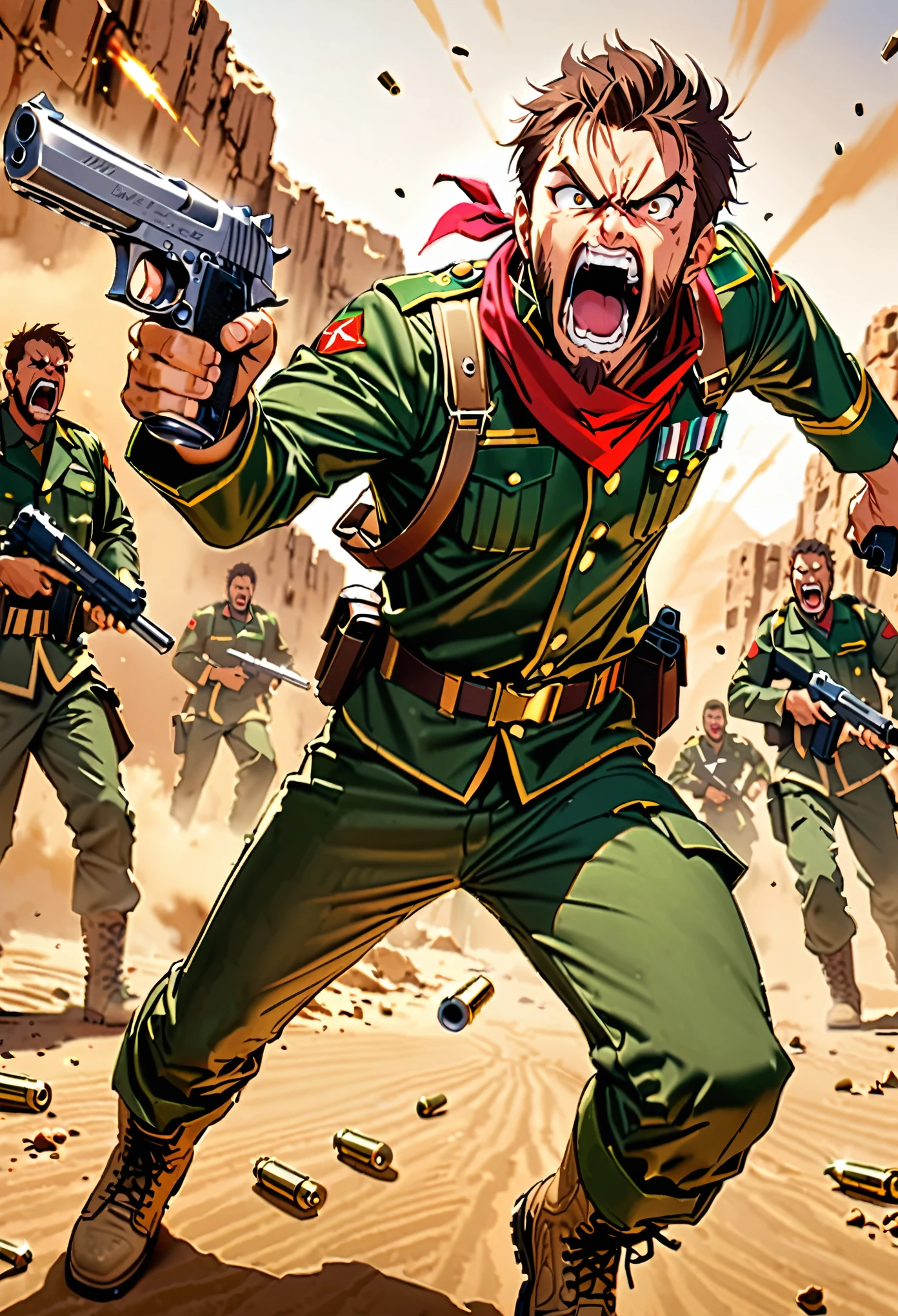 masterpiece, best quality, male focus, solo, solo focus, mercenary, brown hair, hazel eyes, facial hair, bullet belt, green uniform, combat boots, red bandana, (using pistol, desert eagle pistol) (angry, screaming, open mouth), war zone