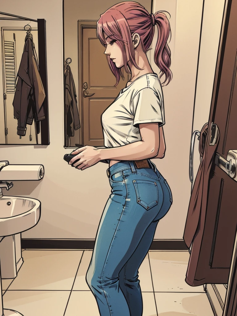 vector image:1.2, 2d cartoon,masterpiece, An anime woman, blush,colored hair, simulates intercourse:1.4, bold makeup, slave look, nylon stockings with garters, denim shorts, sporty top, fuck-me, gloomy orgasm,in restroom, from side