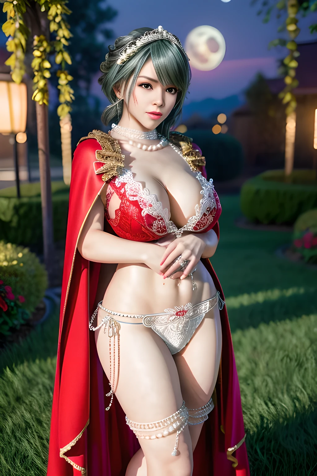 1 girl,lean over WINK,(Wearing Wedding Dress:1.2) ,(Wearing Jewel:1.2) ,( red lace_cloak:1.3),(Fluffs :1.4),(pearl bodychain:1.3),garden,nighttime,moon,( huge breasts ),cleavage,shiny skin,lip gloss,tattoos, masterpiece, best quality, realistic ,Surrealism,Rich artistic colors,natural colors art in 8k,3D,Portrait art,solo, tamaki