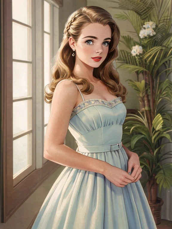 (masterpiece), (best quality), natural beauty, beautiful, natural body, Rebecca Rittenhouse, Isabela Merced, 1950s dresses, 1950s hairstyle