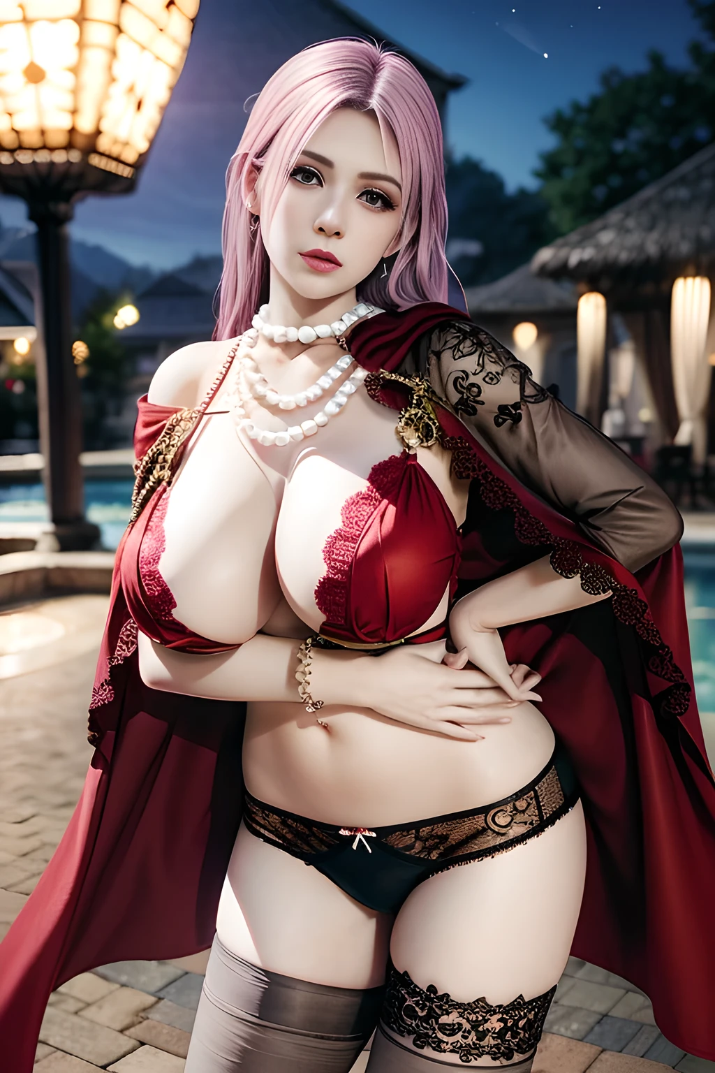 1 girl,lean over ,(Wearing underwear:1.2) ,(Wearing Jewel:1.2) ,( red lace_cloak:1.3),(Fluffs ),(pearl bodychain:1.3),mesh pantyhose,outdoor,elegant,nighttime,moonlighe,shiny skin,( huge breasts), lip gloss,tattoos, masterpiece, best quality, realistic ,Surrealism,natural colors art in 8k,soft shadows,High-definition RAW color photos professional portrait photos,solo,  elise,