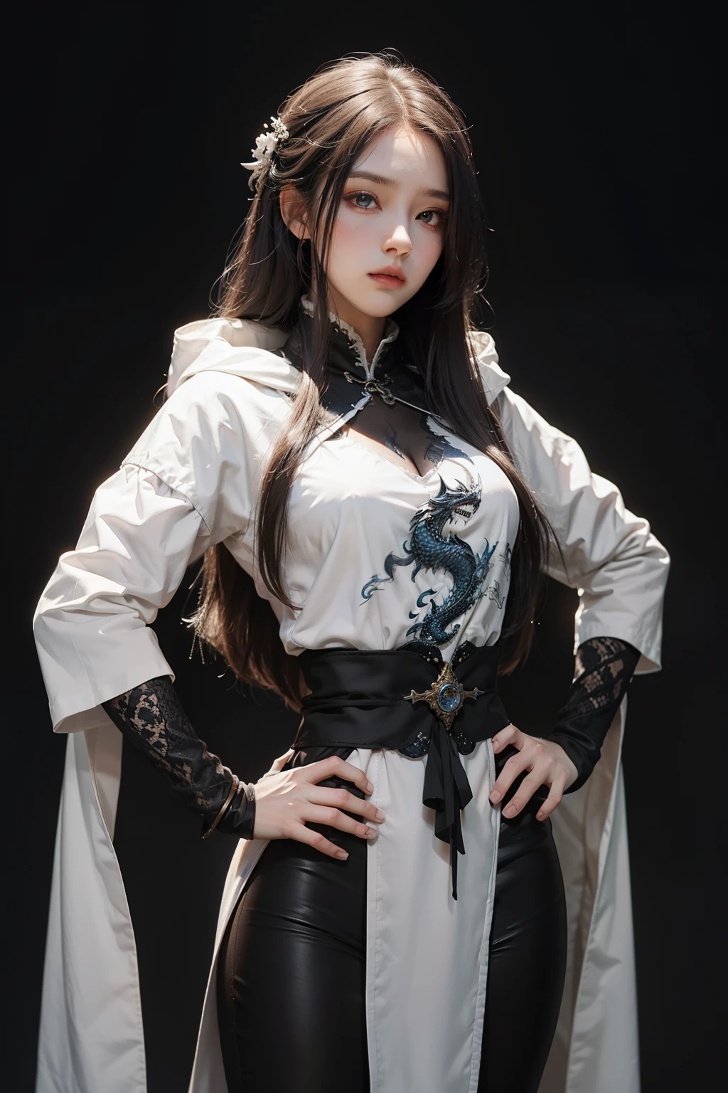 Sword,Black Silk,Background Universe,High and cold,mystery,Hands on hips,Ultra Detailed, best quality,High and cold expression,White clothes,There is a dragon behind him,Ultra-clear